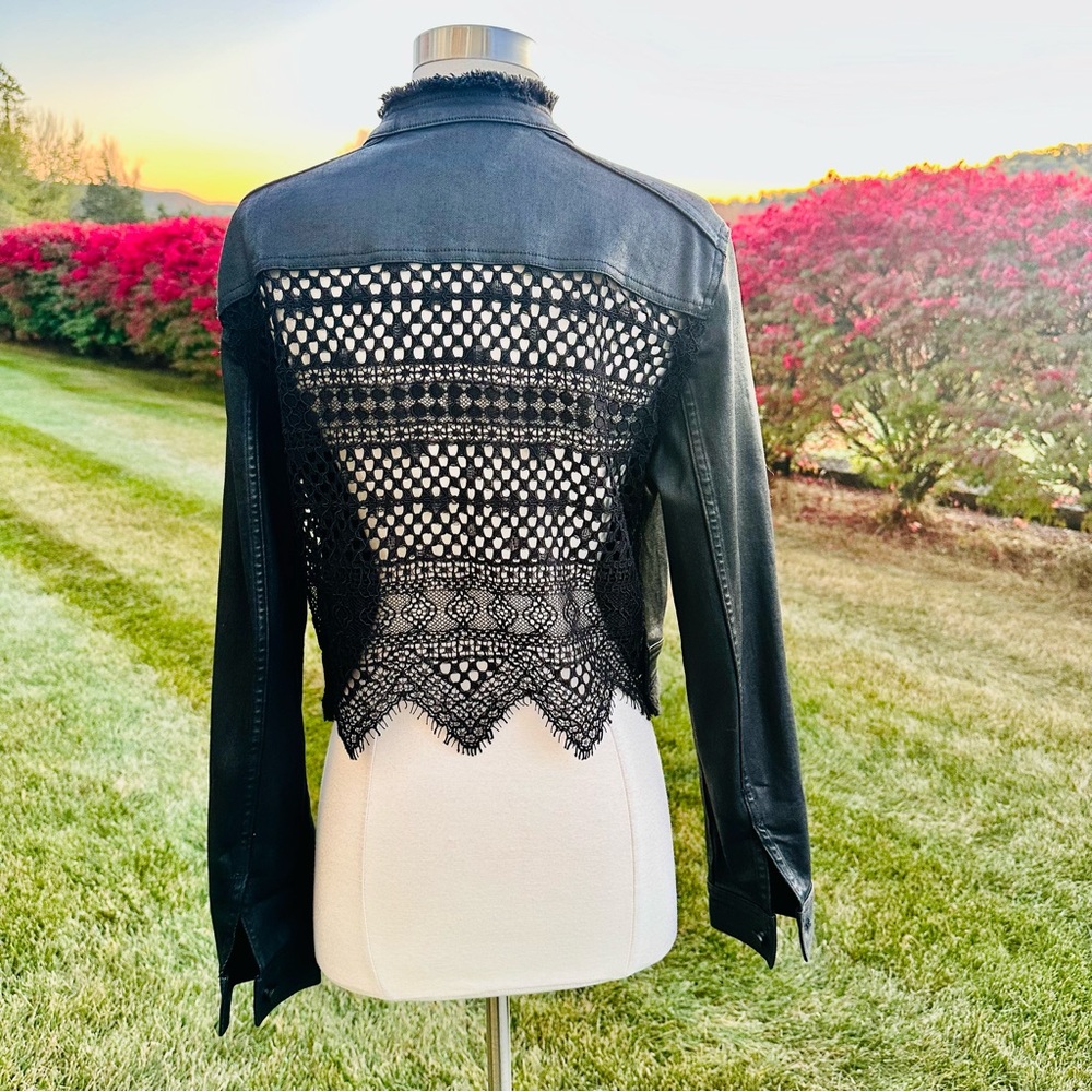 🌹HP🌹 ELIE TAHARI Black Waxed Denim Jacket with Lace Back